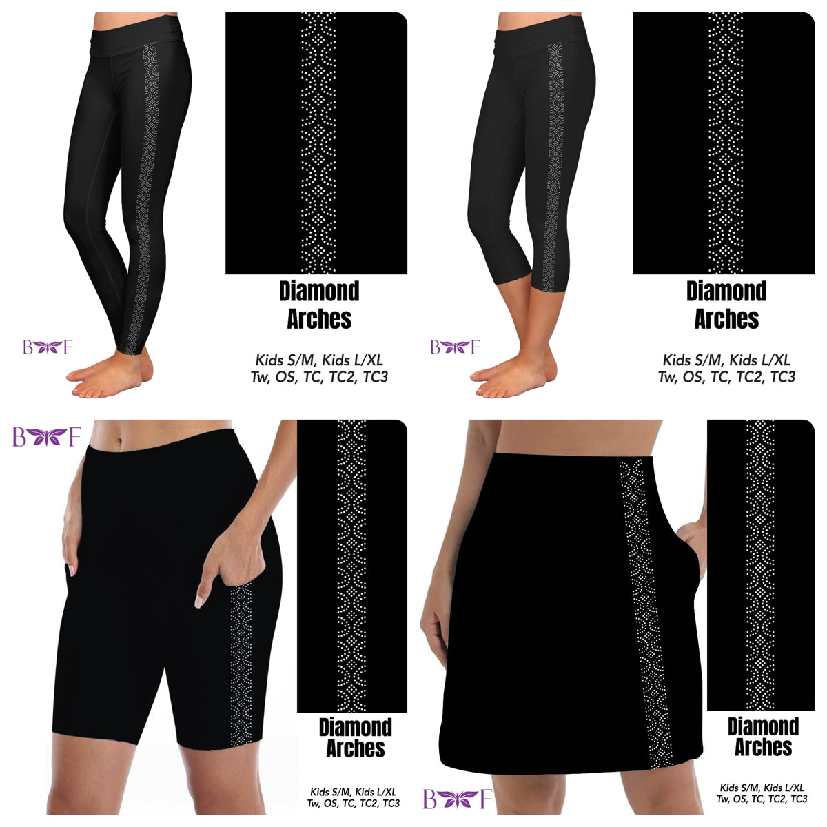 Gemstone Diamond Arches on Solid Black leggings and capris with pockets REAL gemstones