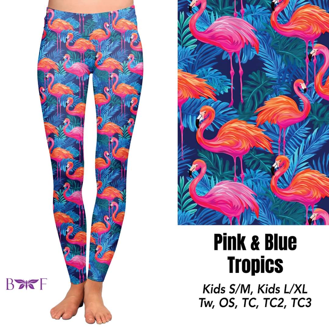 Pink and Blue Tropic Flamingos leggings, capris, and skorts with pockets