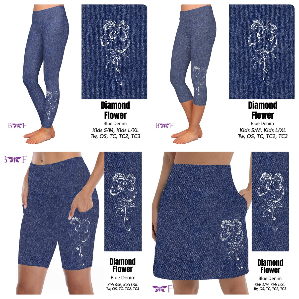 Gemstone Diamond Flower on Blue Faux Denim leggings, skorts, and capris with pockets REAL gemstones!