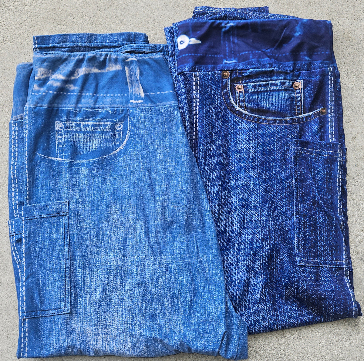 Blue and Black Faux Denim leggings with pockets