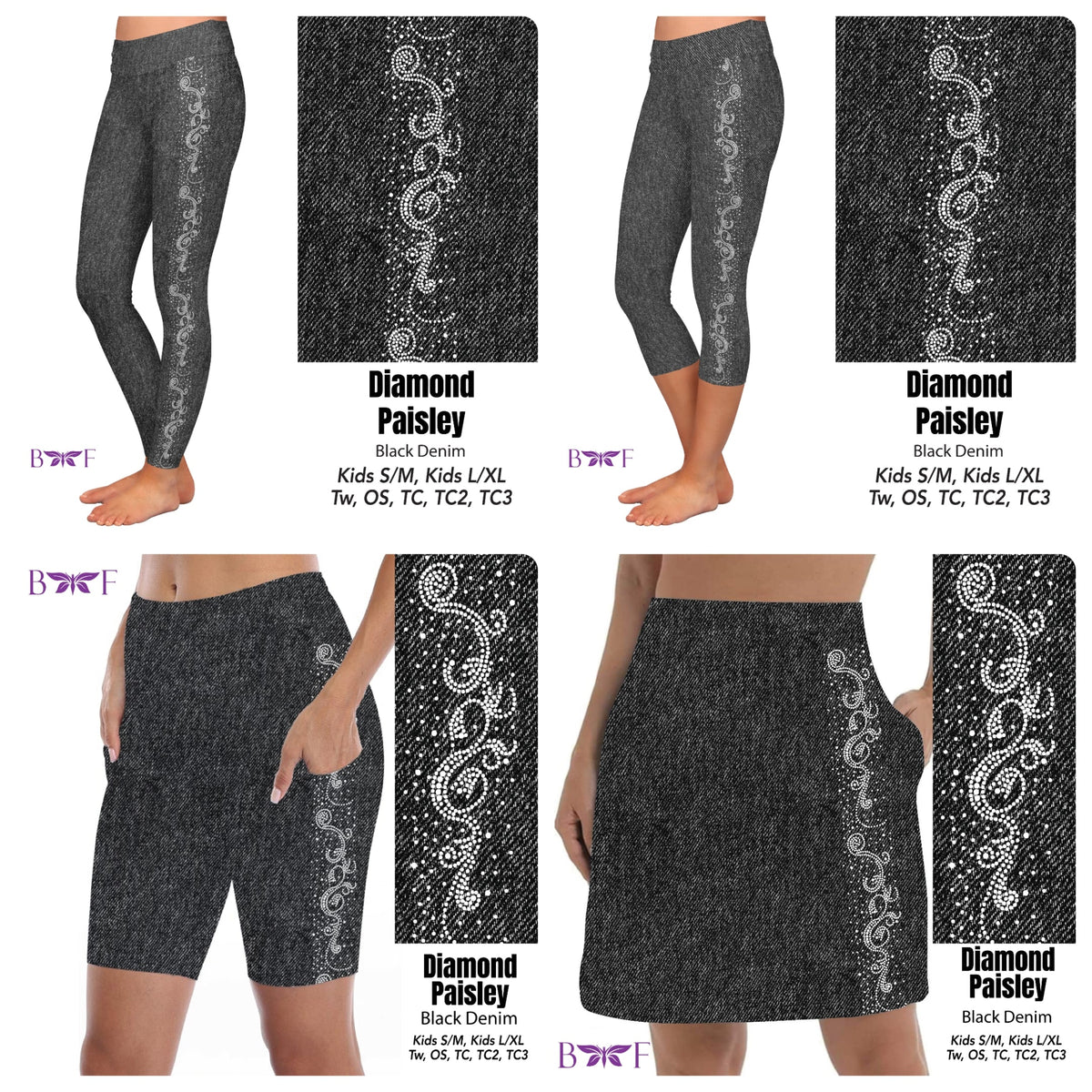 Gemstone Diamond Paisley on Black Faux Denim skorts, leggings and capris with pockets REAL gemstones