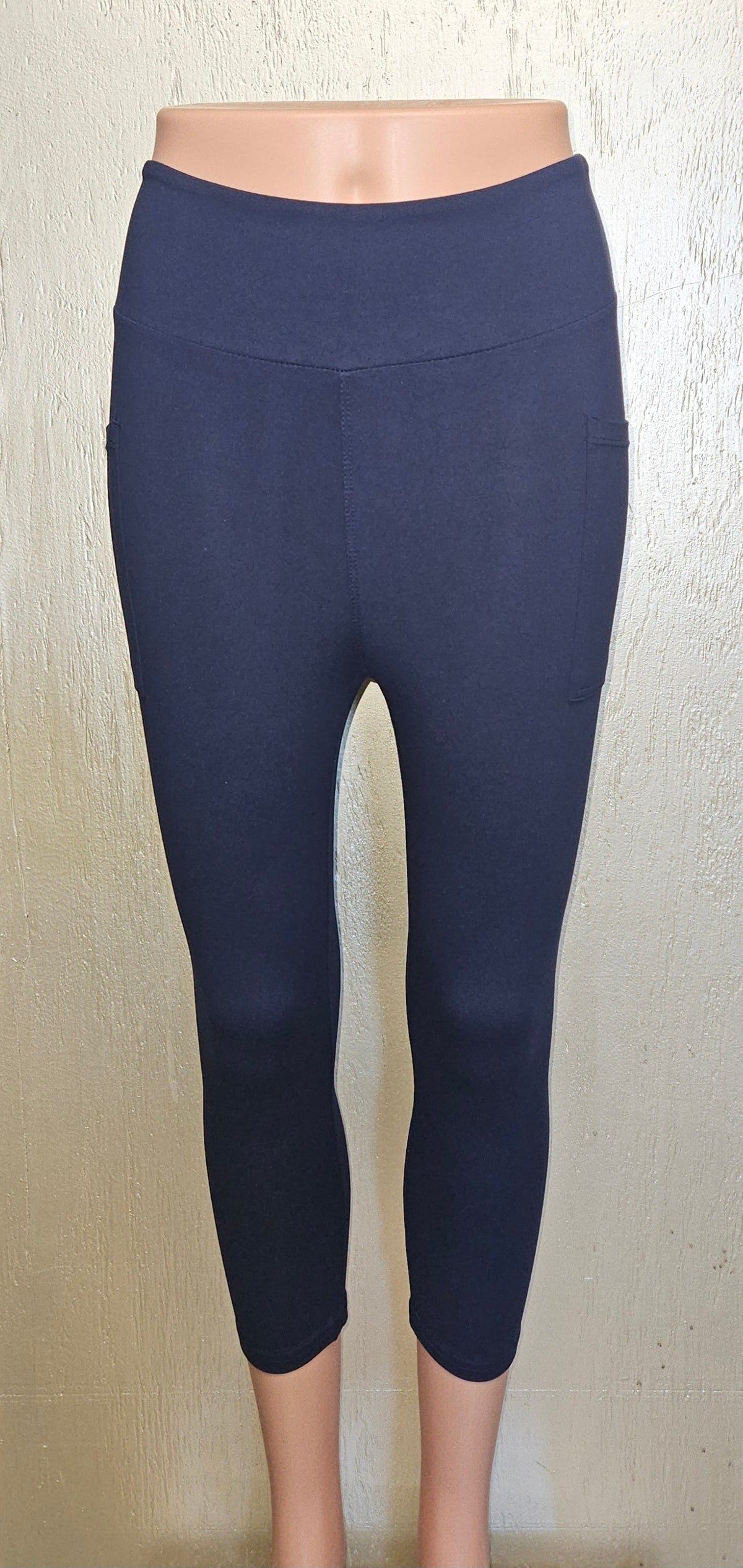 Navy leggings, capris and biker shorts with pockets