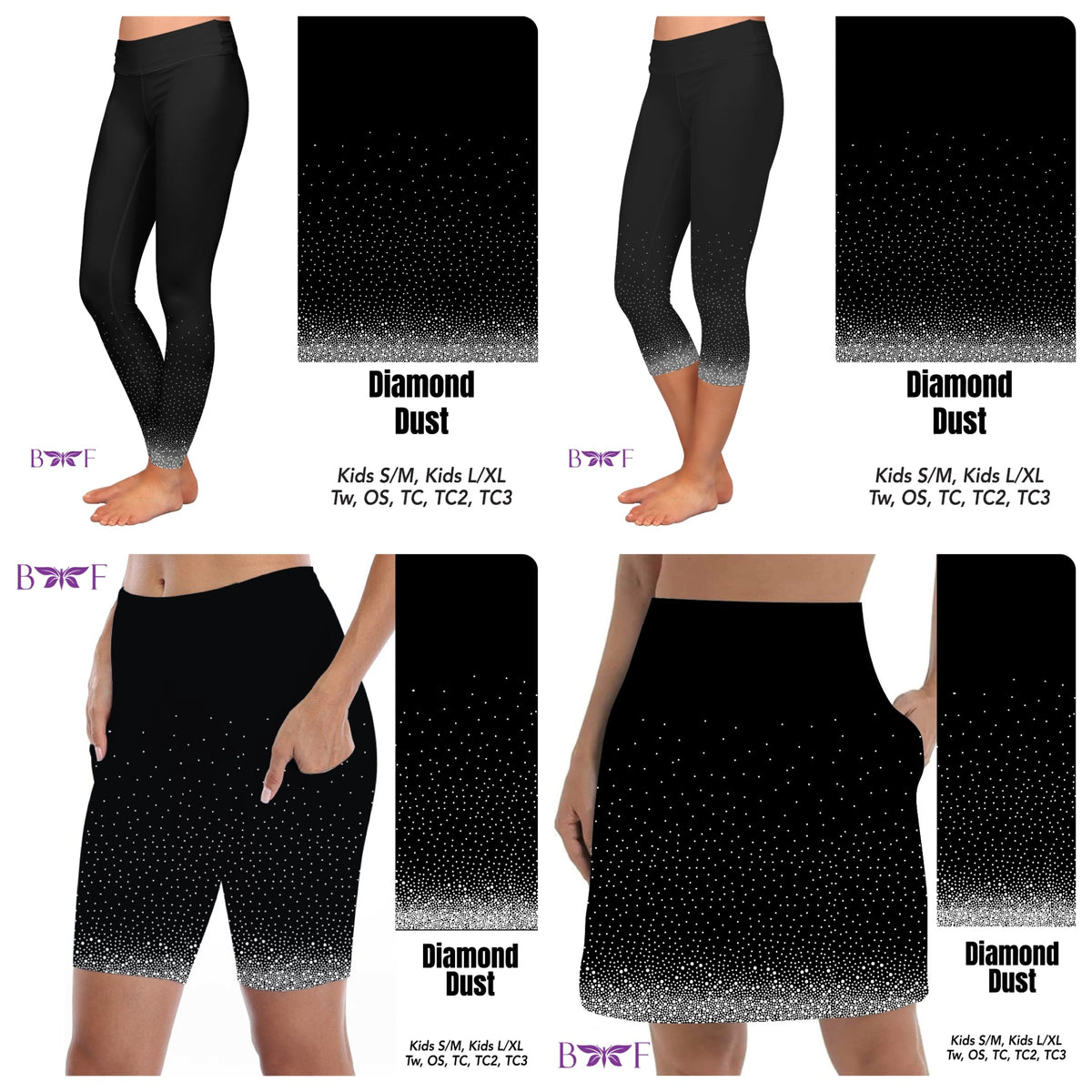 Gemstone Diamond Dust on Solid Black leggings, capris, skorts, bike shorts, and kids jogger shorts with pockets REAL gemstones