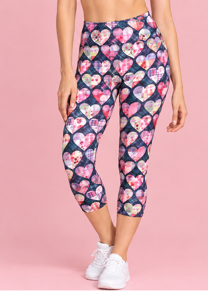 A woman modeling high-waisted capri leggings with a colorful heart pattern, shown from both the front and back against a solid pink background.