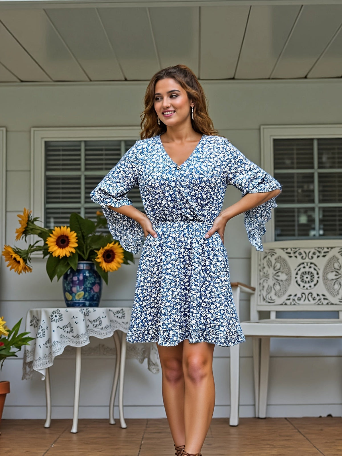 Floral Midi Dress – V-Neck Flowy Flutter Sleeve Dress