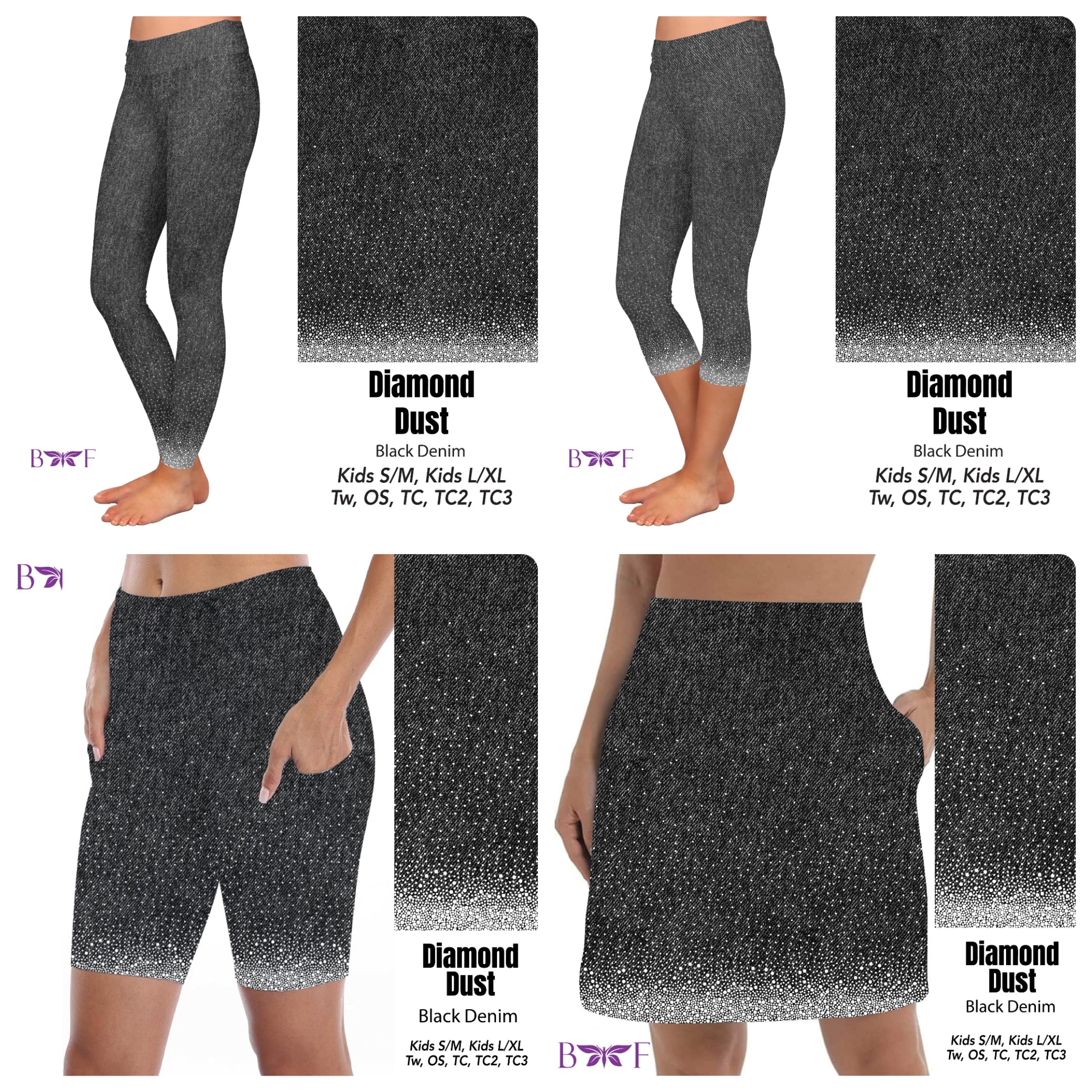 Gemstone Diamond Dust on Faux Black Denim leggings, capris, and biker shorts with pockets REAL gemstones