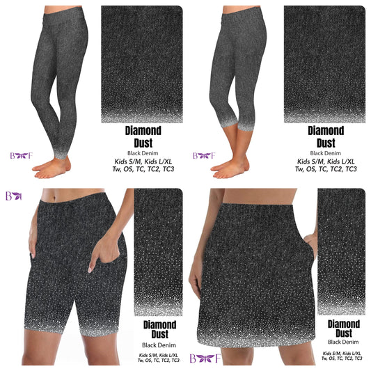 Gemstone Diamond Dust on Faux Black Denim capris and biker shorts with pockets REAL gemstones