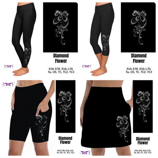 Gemstone Diamond Flower on black faux denim leggings and capris with pockets  REAL gemstones