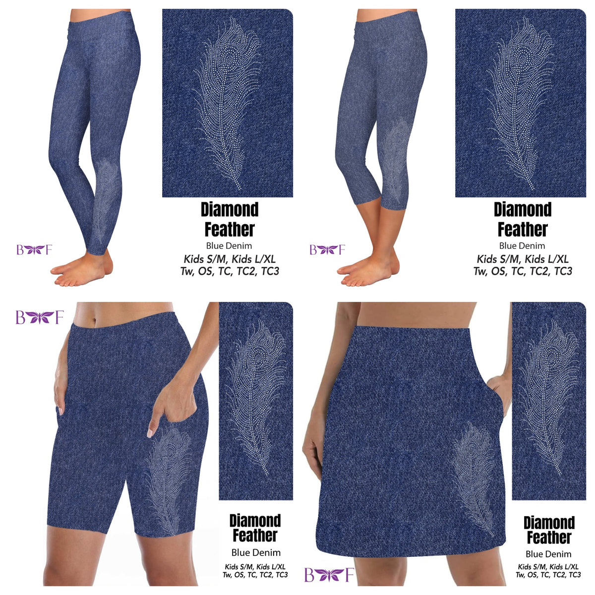 Gemstone Diamond Feather on Faux Blue Denim capris and leggings with pockets REAL gemstones