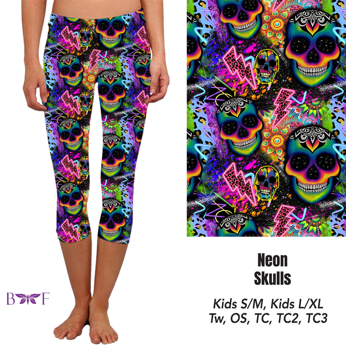 Neon Skulls leggings, capris, and skort with pockets
