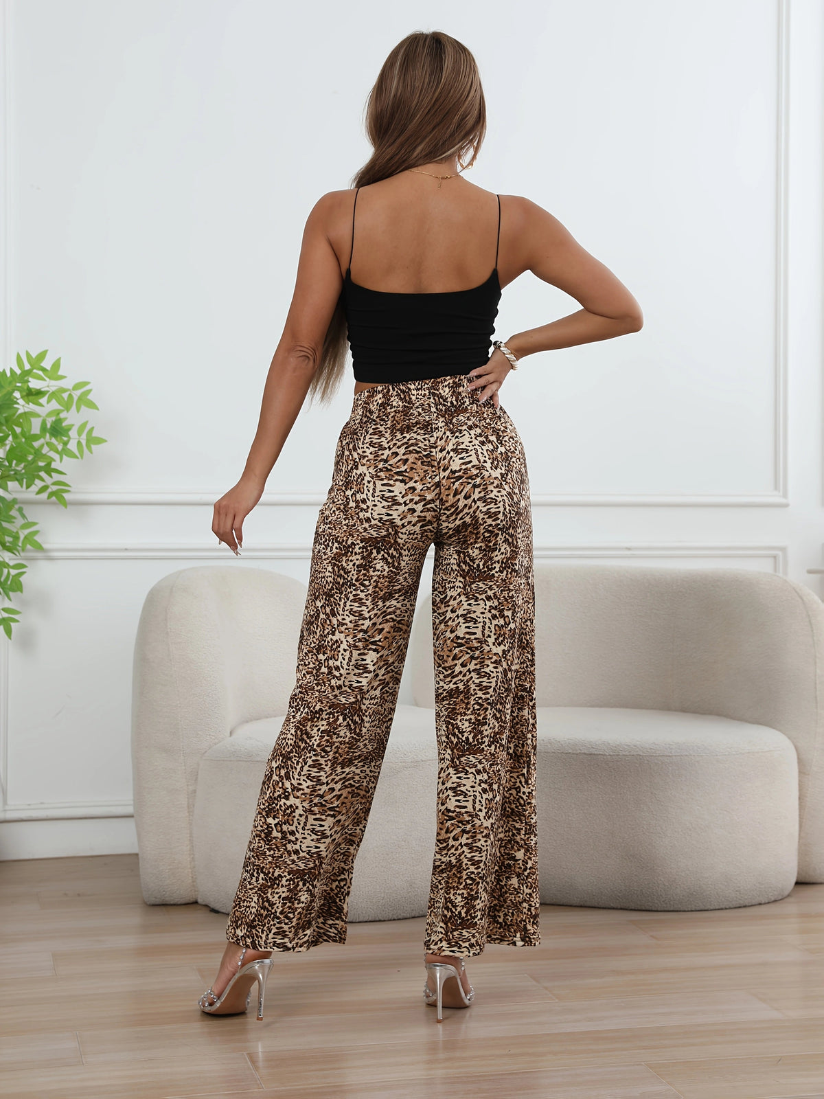 Leopard Print Wide Leg Pants – High-Waisted Stretch