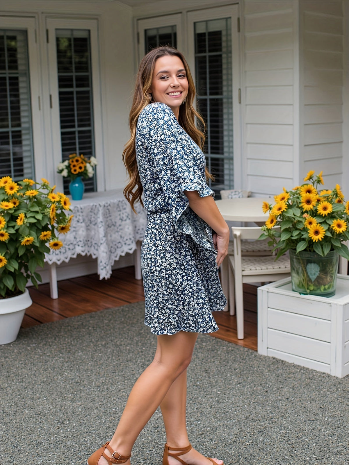 Floral Midi Dress – V-Neck Flowy Flutter Sleeve Dress