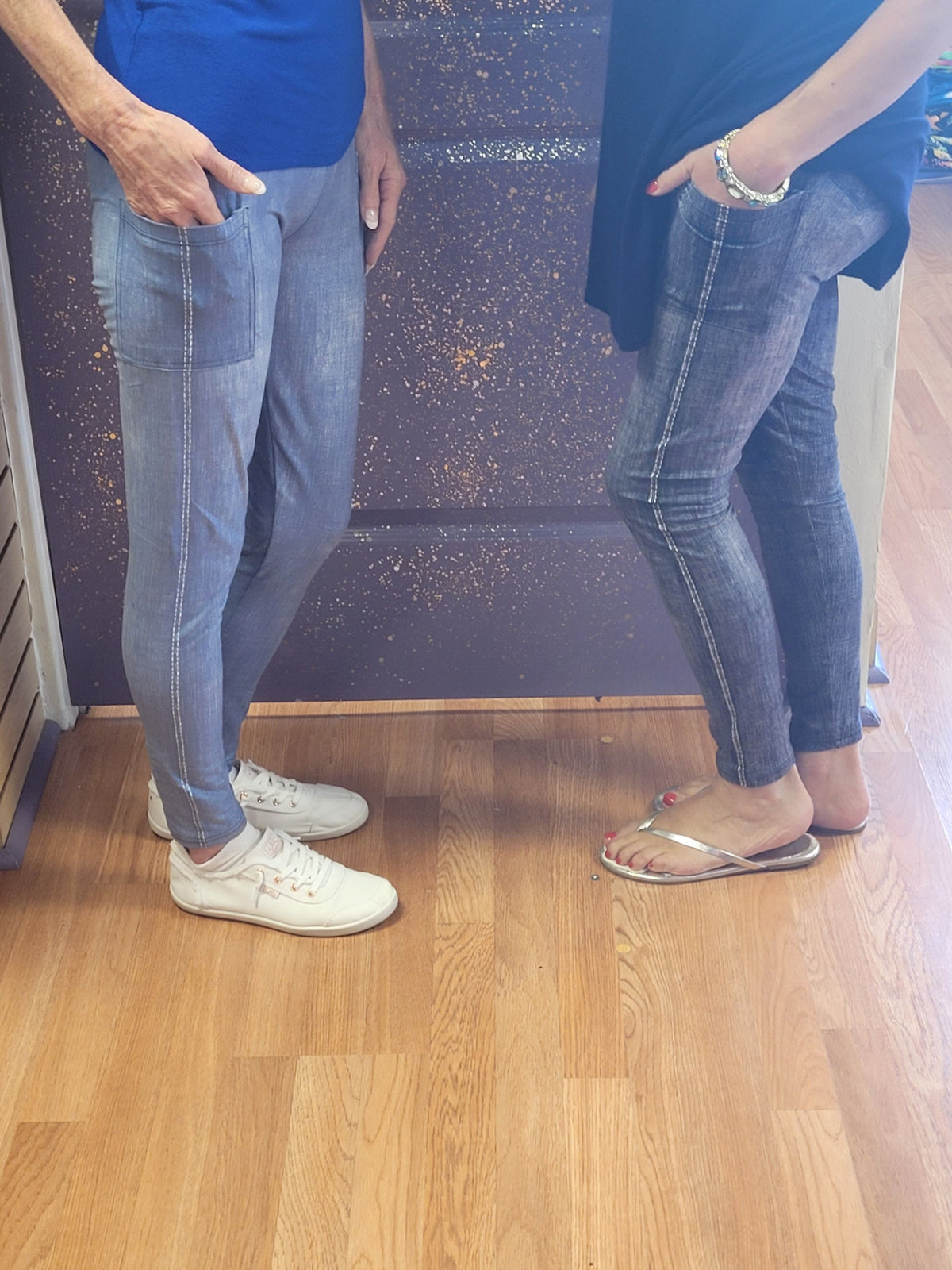 Blue and Black Faux Denim capris with pockets