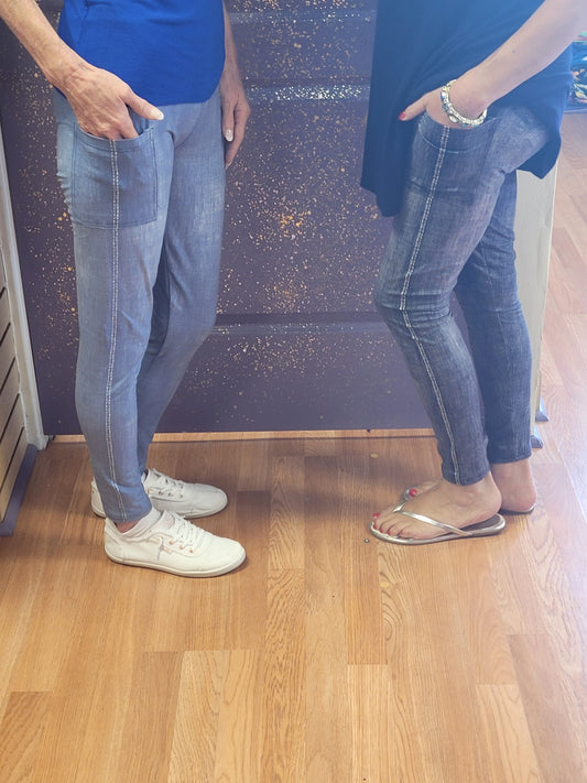 Blue and Black Faux Denim capris with pockets