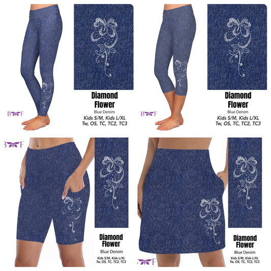 Gemstone Diamond Flower on Blue Faux Denim leggings, skorts, and capris with pockets REAL gemstones!