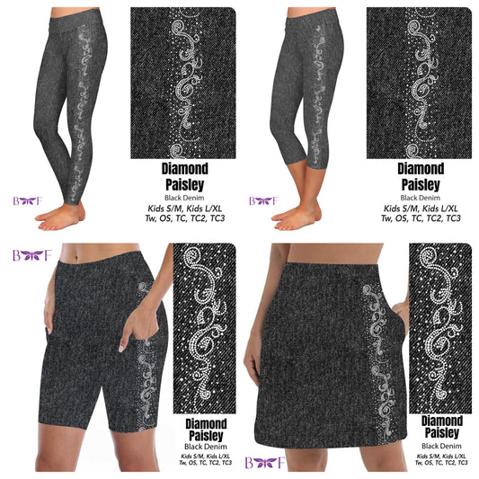 Gemstone Diamond Paisley on Black Faux Denim skorts, leggings and capris with pockets REAL gemstones