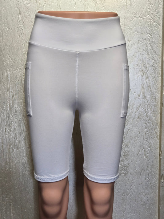 White leggings, capris, and biker shorts with pockets