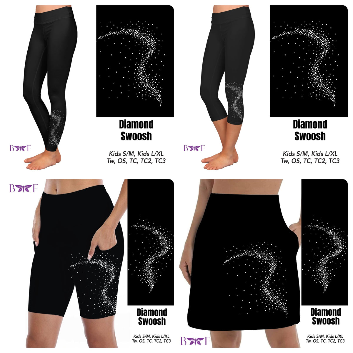 Gemstone Diamond Swoosh on Solid Black capris with pockets