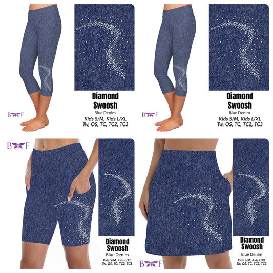 Gemstone Diamond Swoosh on Blue Faux Denim leggings and skorts with pockets REAL Gemstones