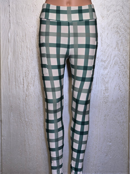 Green plaid leggings and capris with pockets