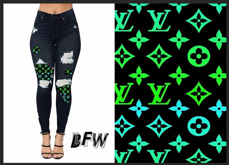 Green designer peekaboo denim Leggings